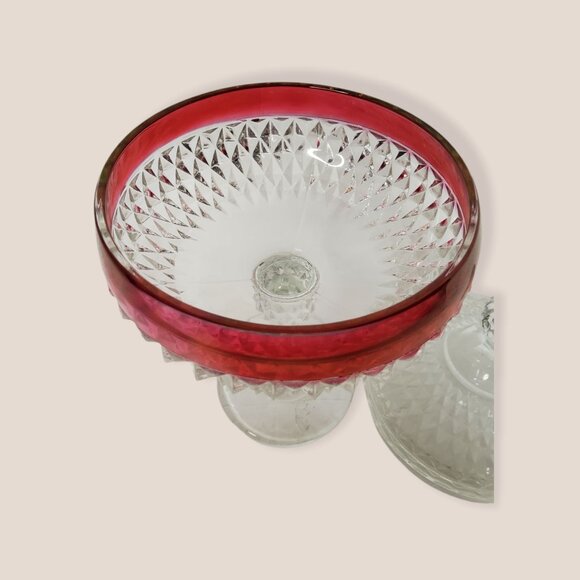 Vintage Diamond Point Ruby Flash Banded Compote Indiana Glass From 1965-1980. - Picture 9 of 10
